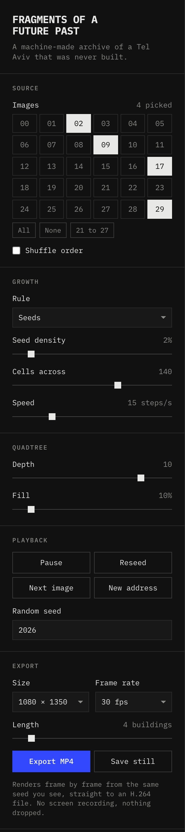 The generator's control panel: image picker, growth rule, quadtree, playback and export